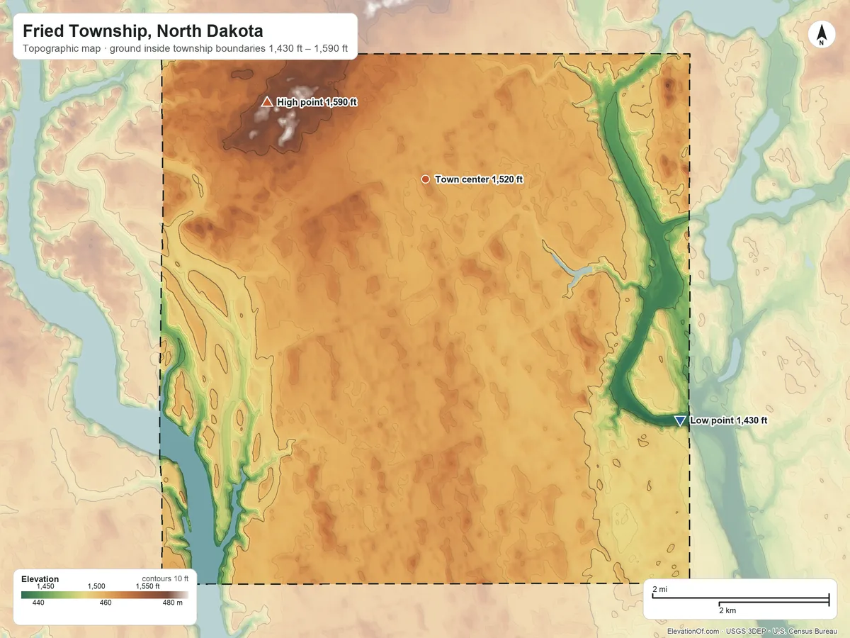 Topographic elevation map of Fried Township, North Dakota, shaded from 1,430 ft on the southeast side to 1,590 ft on the northwest side