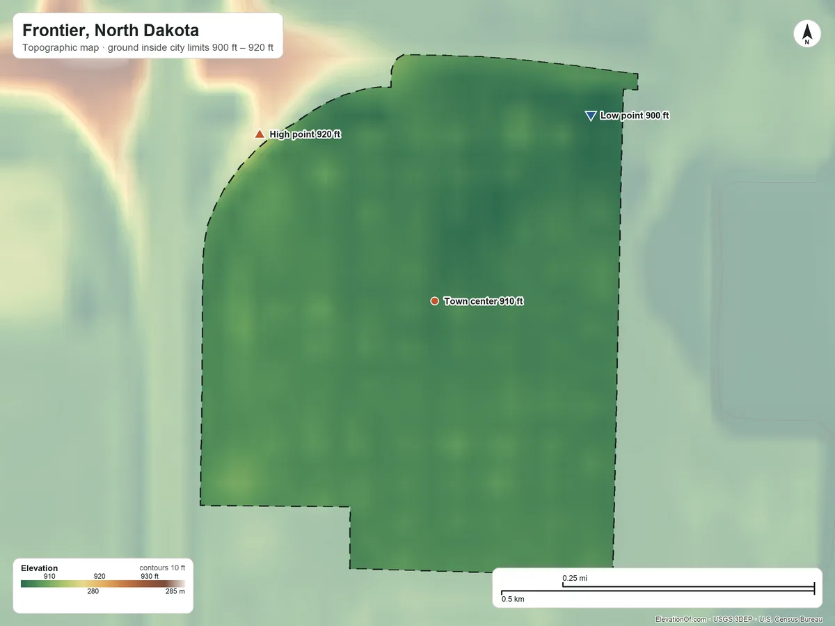 Topographic elevation map of Frontier, North Dakota, shaded from 900 ft on the northeast side to 920 ft on the northwest side