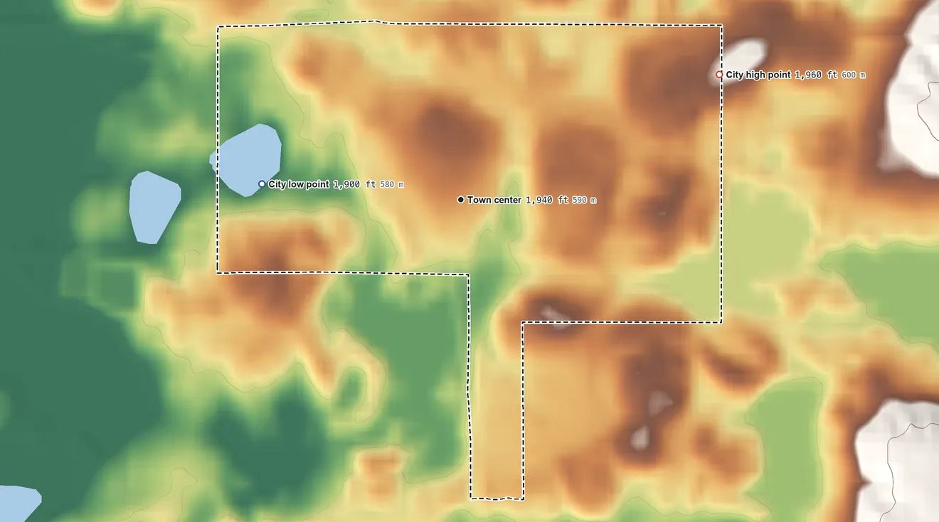 Topographic elevation map of Gackle, North Dakota, shaded from 1,900 ft on the west side to 1,960 ft on the northeast side