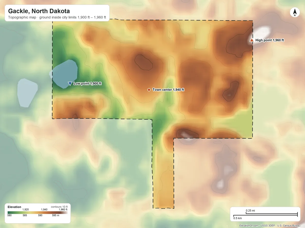 Topographic elevation map of Gackle, North Dakota, shaded from 1,900 ft on the west side to 1,960 ft on the northeast side
