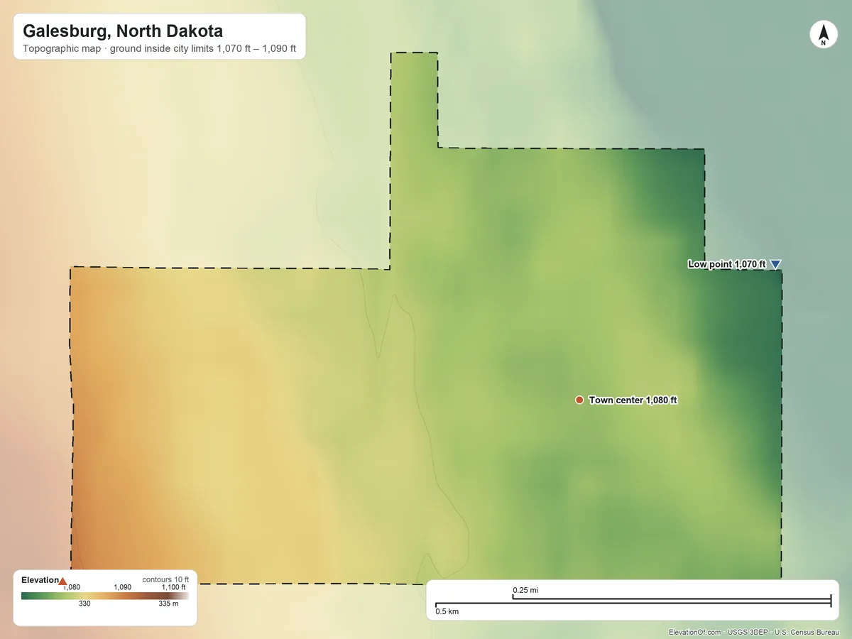Topographic elevation map of Galesburg, North Dakota, shaded from 1,070 ft on the northeast side to 1,090 ft on the west side