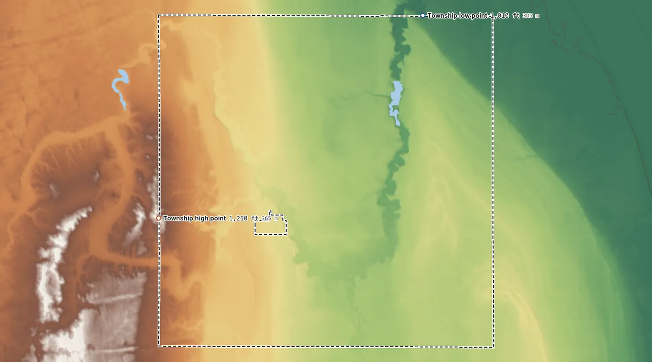 Topographic elevation map of Galesburg Township, North Dakota, shaded from 1,010 ft on the northeast side to 1,210 ft on the west side