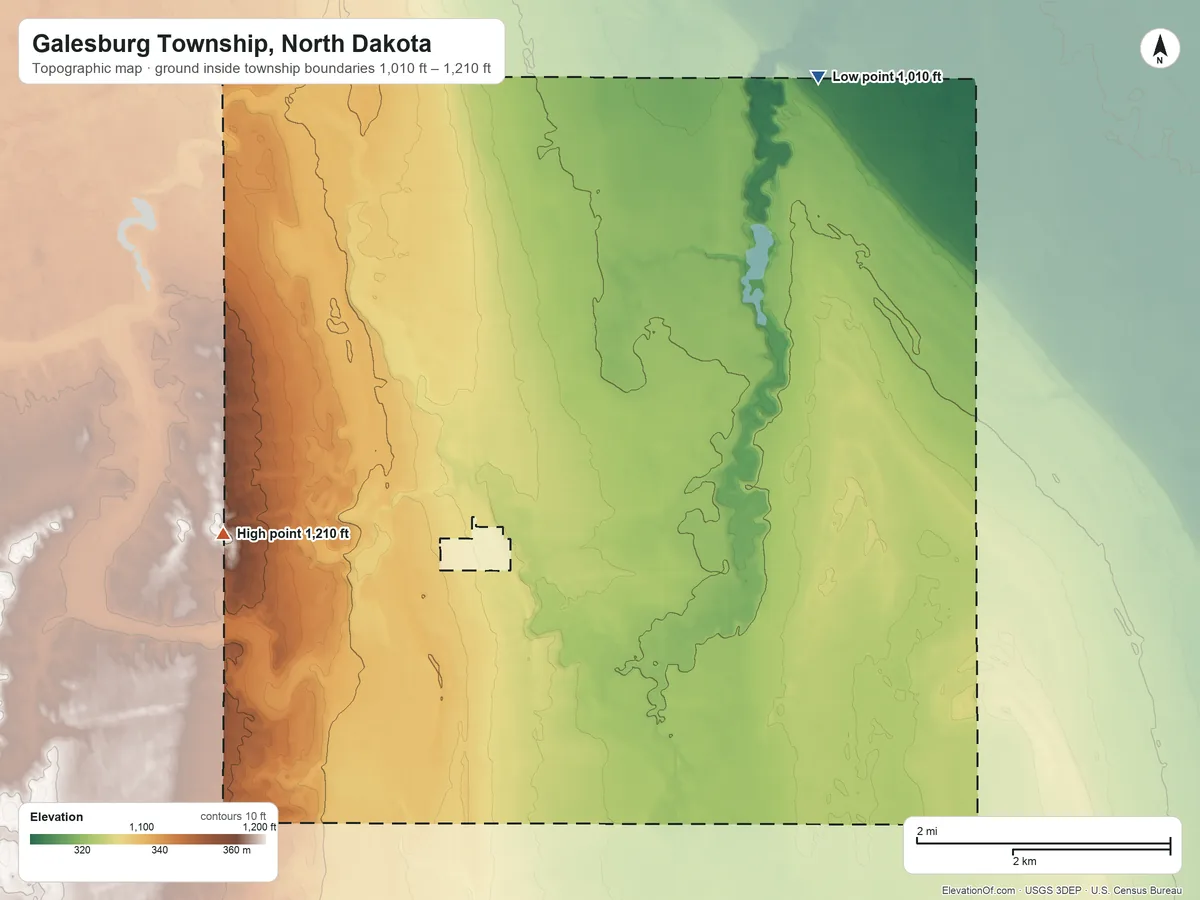 Topographic elevation map of Galesburg Township, North Dakota, shaded from 1,010 ft on the northeast side to 1,210 ft on the west side
