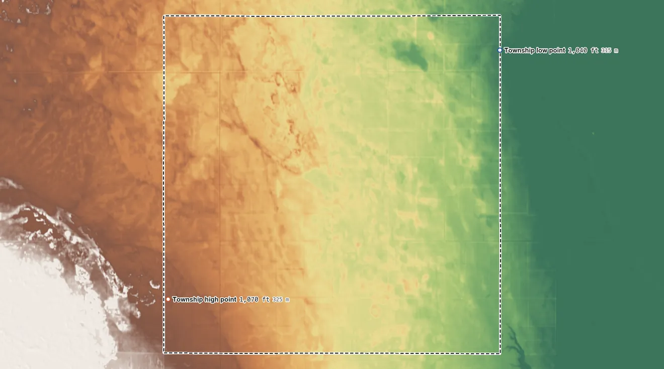Topographic elevation map of Garborg Township, North Dakota, shaded from 1,040 ft on the northeast side to 1,070 ft on the southwest side