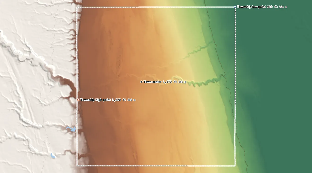 Topographic elevation map of Gardar Township, North Dakota, shaded from 960 ft on the northeast side to 1,320 ft on the west side