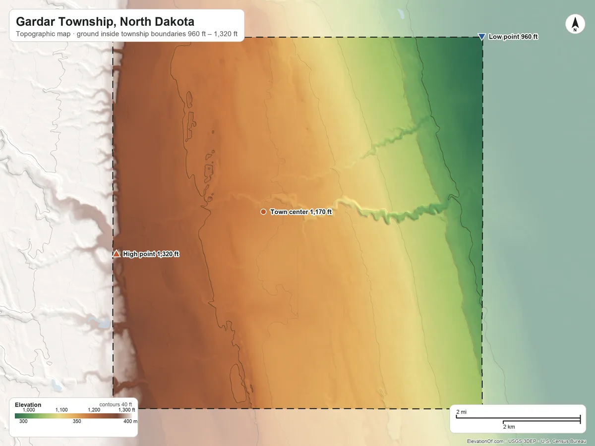 Topographic elevation map of Gardar Township, North Dakota, shaded from 960 ft on the northeast side to 1,320 ft on the west side