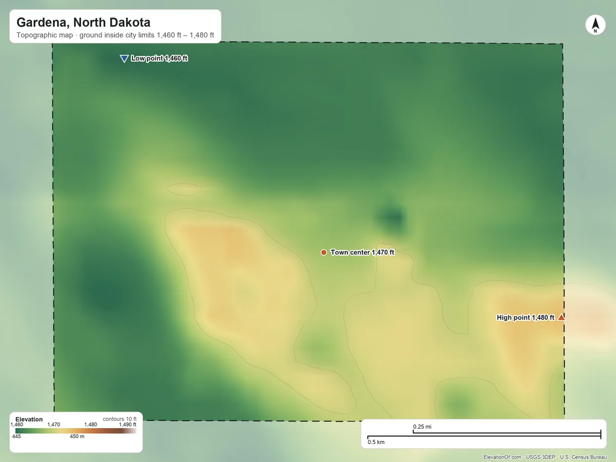 Topographic elevation map of Gardena, North Dakota, shaded from 1,460 ft on the northwest side to 1,480 ft on the east side