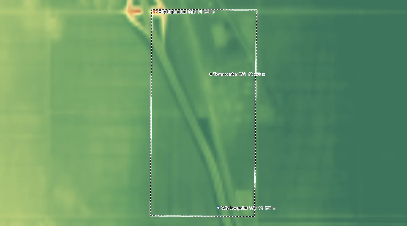 Topographic elevation map of Gardner, North Dakota, shaded from 880 ft on the south side to 910 ft on the northwest side