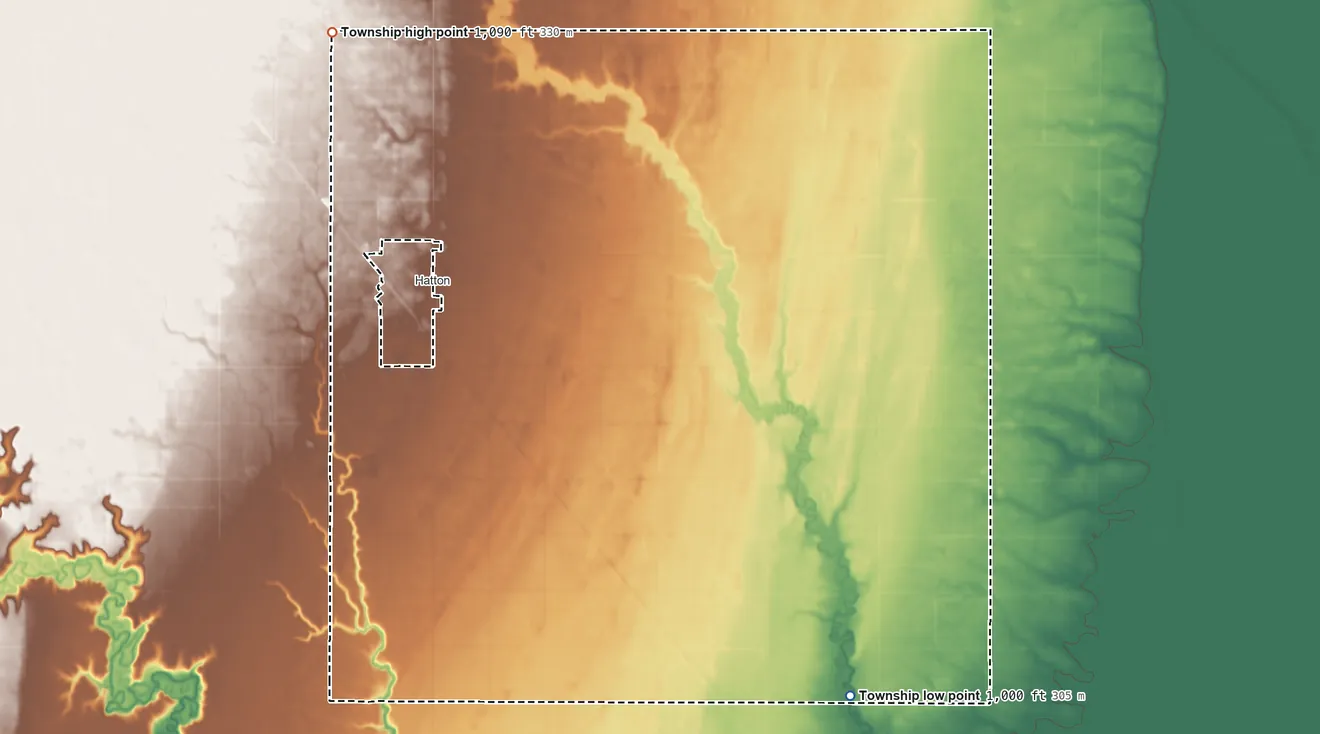 Topographic elevation map of Garfield Township, North Dakota, shaded from 1,000 ft on the southeast side to 1,090 ft on the northwest side