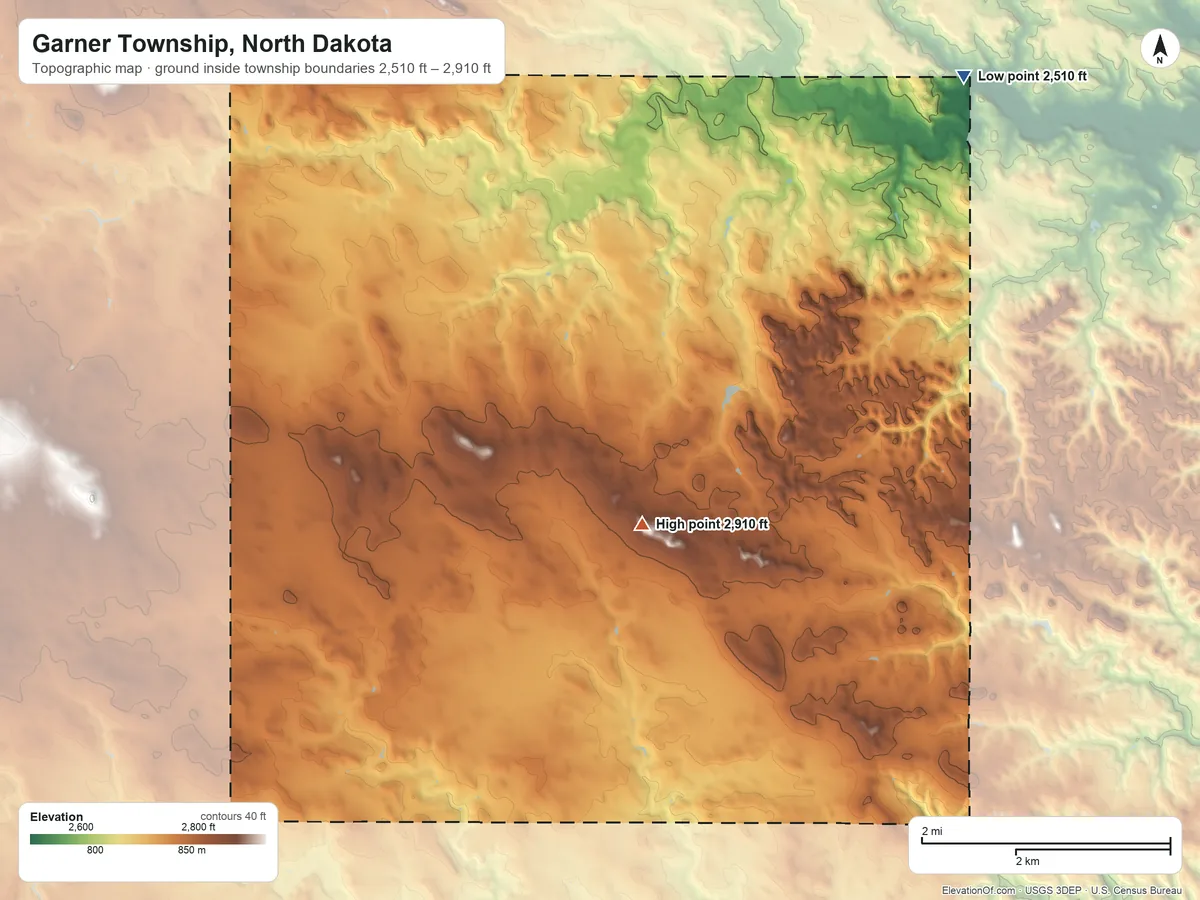 Topographic elevation map of Garner Township, North Dakota, shaded from 2,510 ft on the northeast side to 2,910 ft near the middle