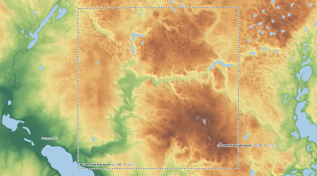 Topographic elevation map of Garness Township, North Dakota, shaded from 2,190 ft on the southwest side to 2,530 ft on the east side