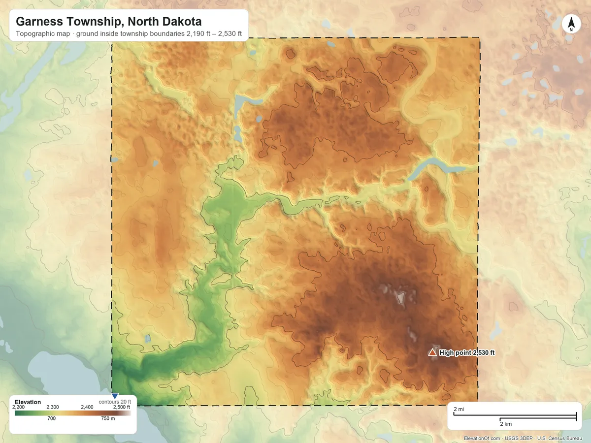 Topographic elevation map of Garness Township, North Dakota, shaded from 2,190 ft on the southwest side to 2,530 ft on the east side
