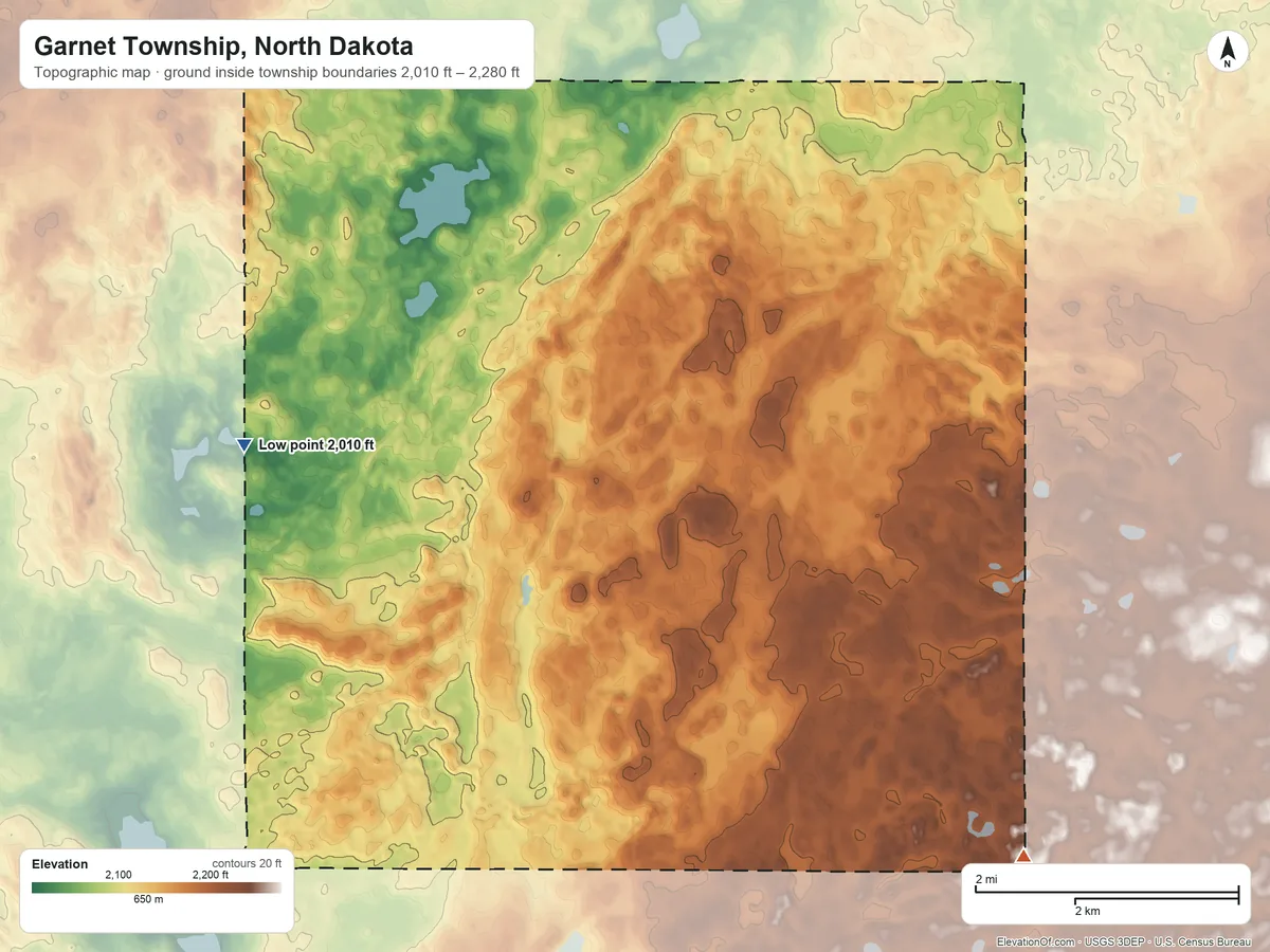 Topographic elevation map of Garnet Township, North Dakota, shaded from 2,010 ft on the northwest side to 2,280 ft on the east side
