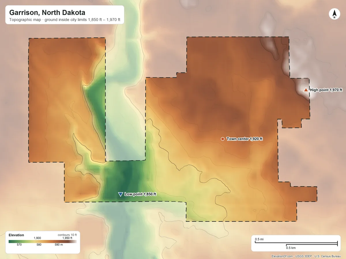 Topographic elevation map of Garrison, North Dakota, shaded from 1,850 ft on the southwest side to 1,970 ft on the northeast side