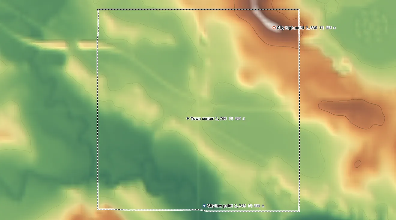 Topographic elevation map of Gascoyne, North Dakota, shaded from 2,740 ft on the south side to 2,830 ft on the northeast side