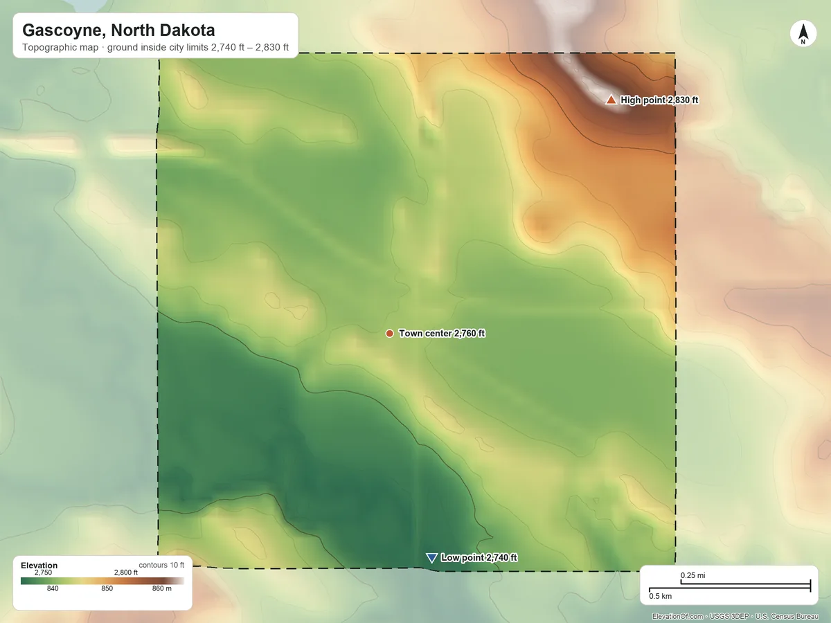 Topographic elevation map of Gascoyne, North Dakota, shaded from 2,740 ft on the south side to 2,830 ft on the northeast side