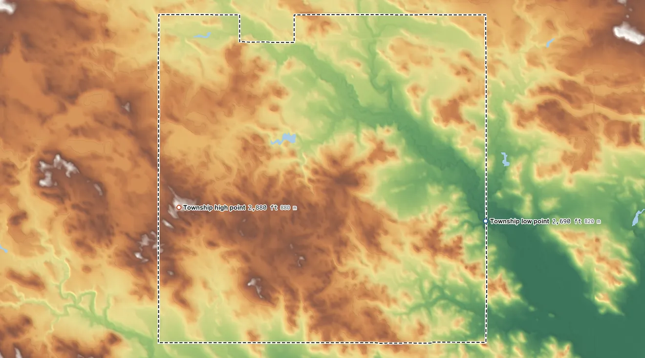 Topographic elevation map of Gascoyne Township, North Dakota, shaded from 2,690 ft on the east side to 2,880 ft on the west side