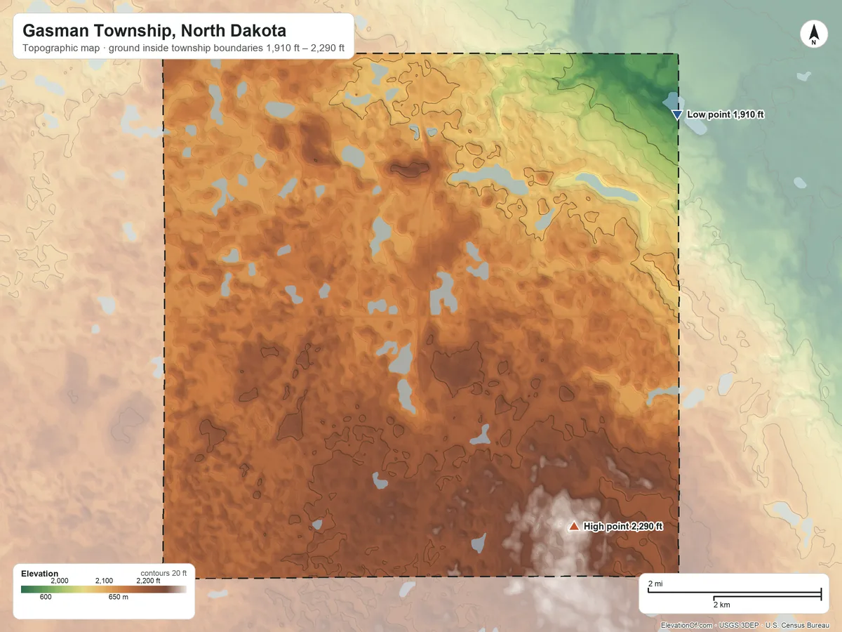 Topographic elevation map of Gasman Township, North Dakota, shaded from 1,910 ft on the east side to 2,290 ft on the southeast side
