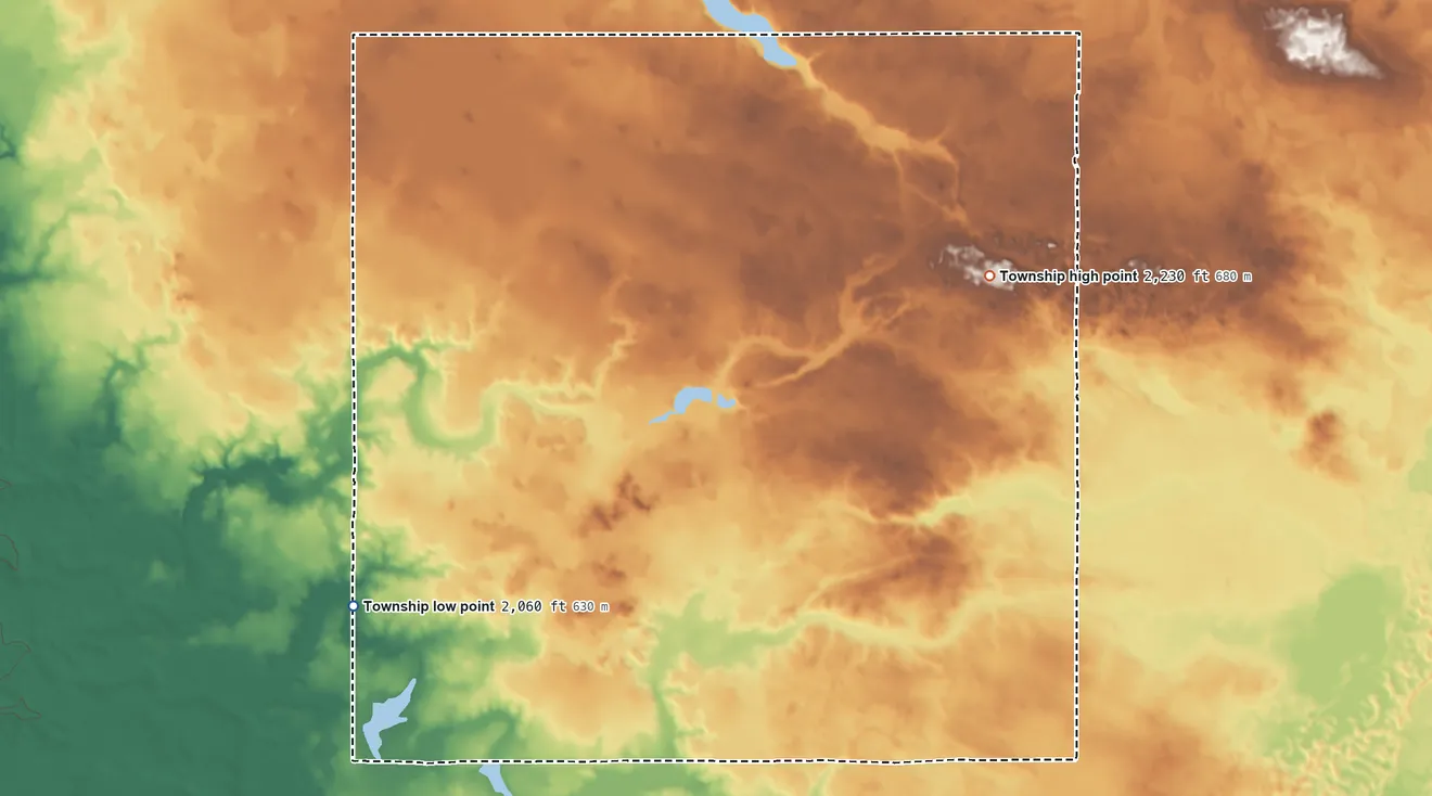 Topographic elevation map of Gate Township, North Dakota, shaded from 2,060 ft on the south side to 2,230 ft on the east side