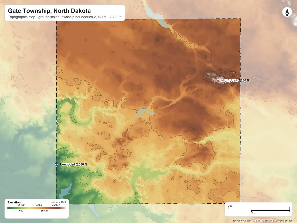 Topographic elevation map of Gate Township, North Dakota, shaded from 2,060 ft on the south side to 2,230 ft on the east side