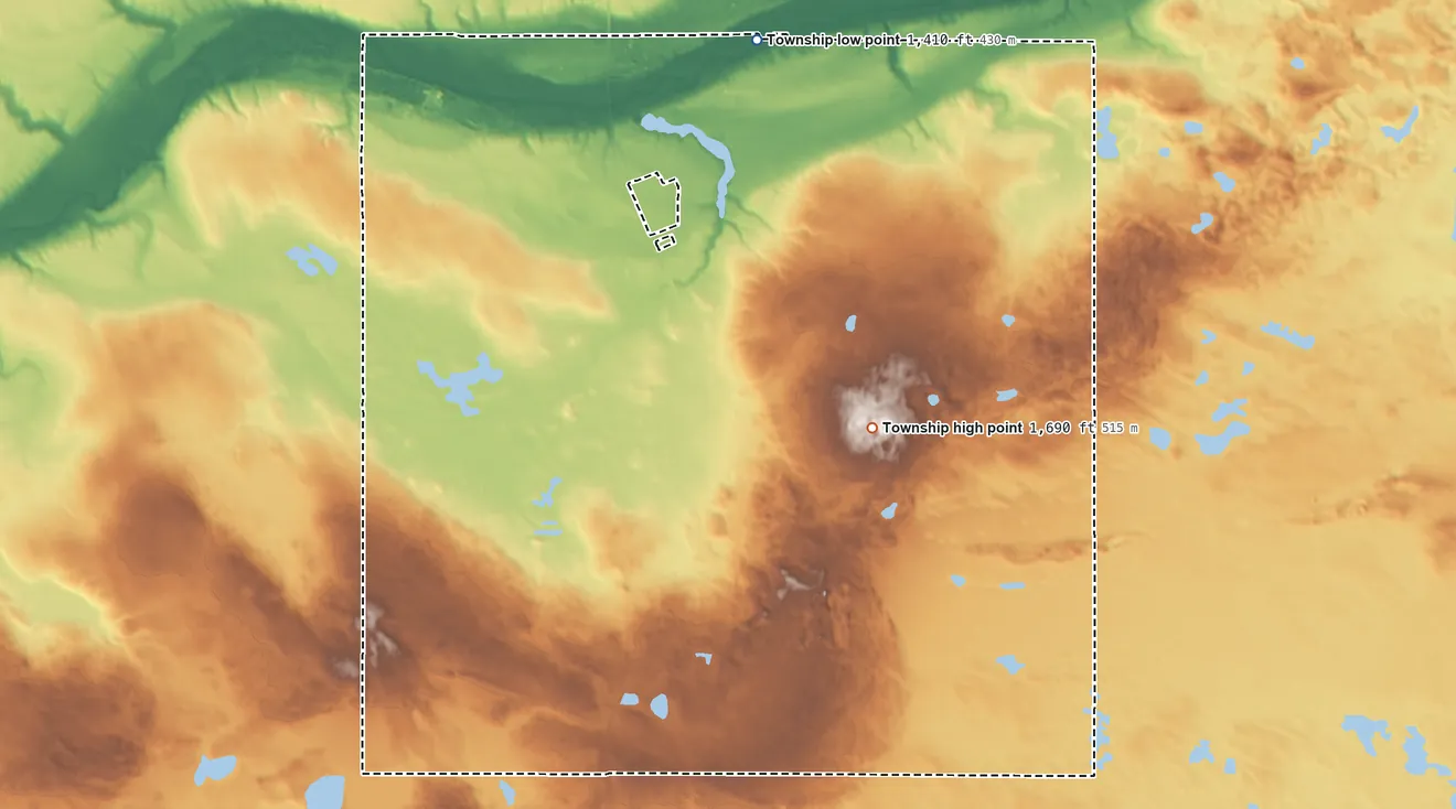 Topographic elevation map of Gates Township, North Dakota, shaded from 1,410 ft on the northeast side to 1,690 ft on the southeast side