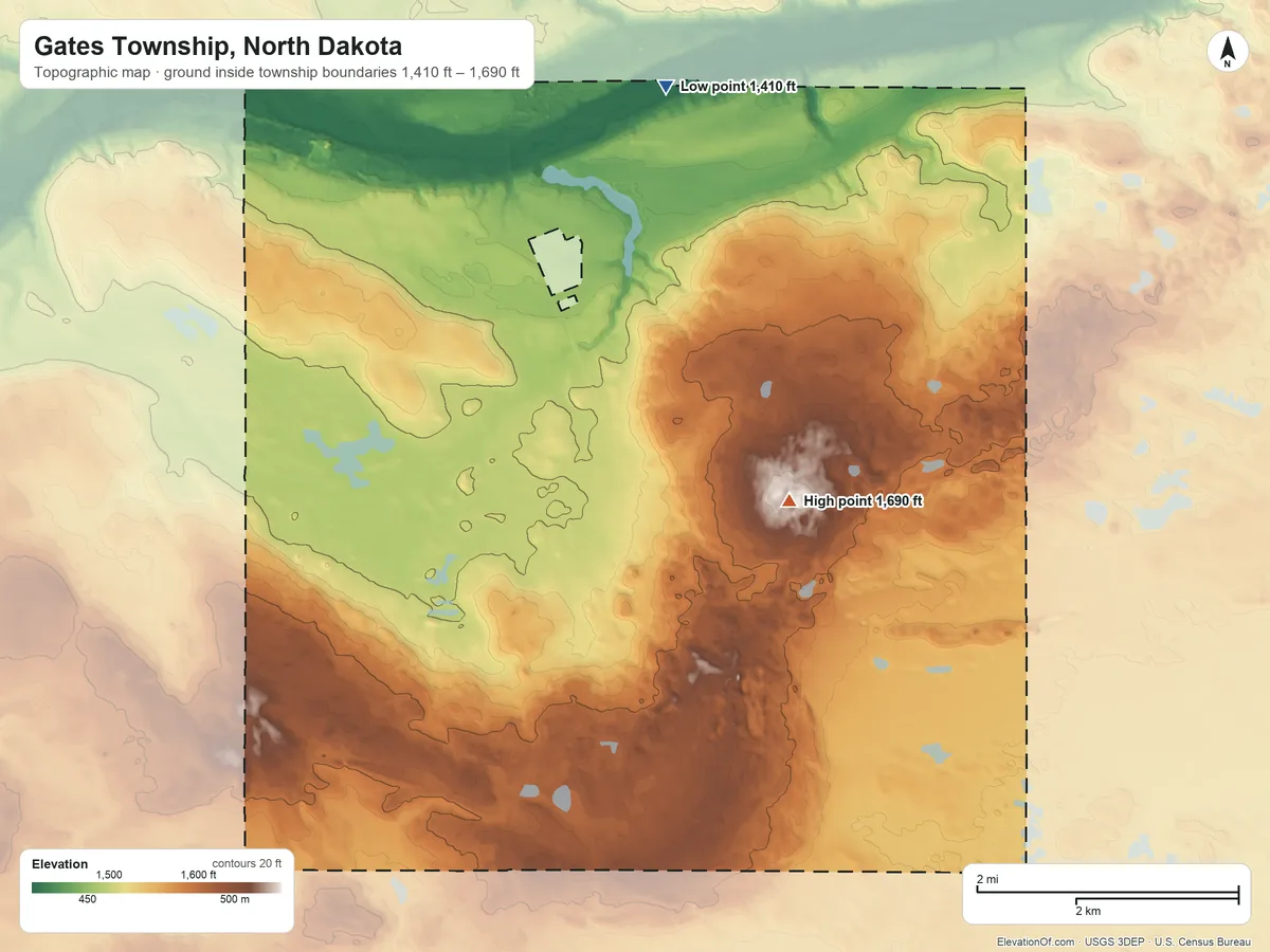 Topographic elevation map of Gates Township, North Dakota, shaded from 1,410 ft on the northeast side to 1,690 ft on the southeast side