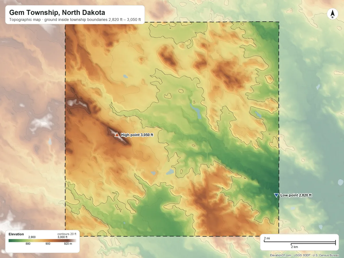 Topographic elevation map of Gem Township, North Dakota, shaded from 2,820 ft on the southeast side to 3,050 ft on the west side