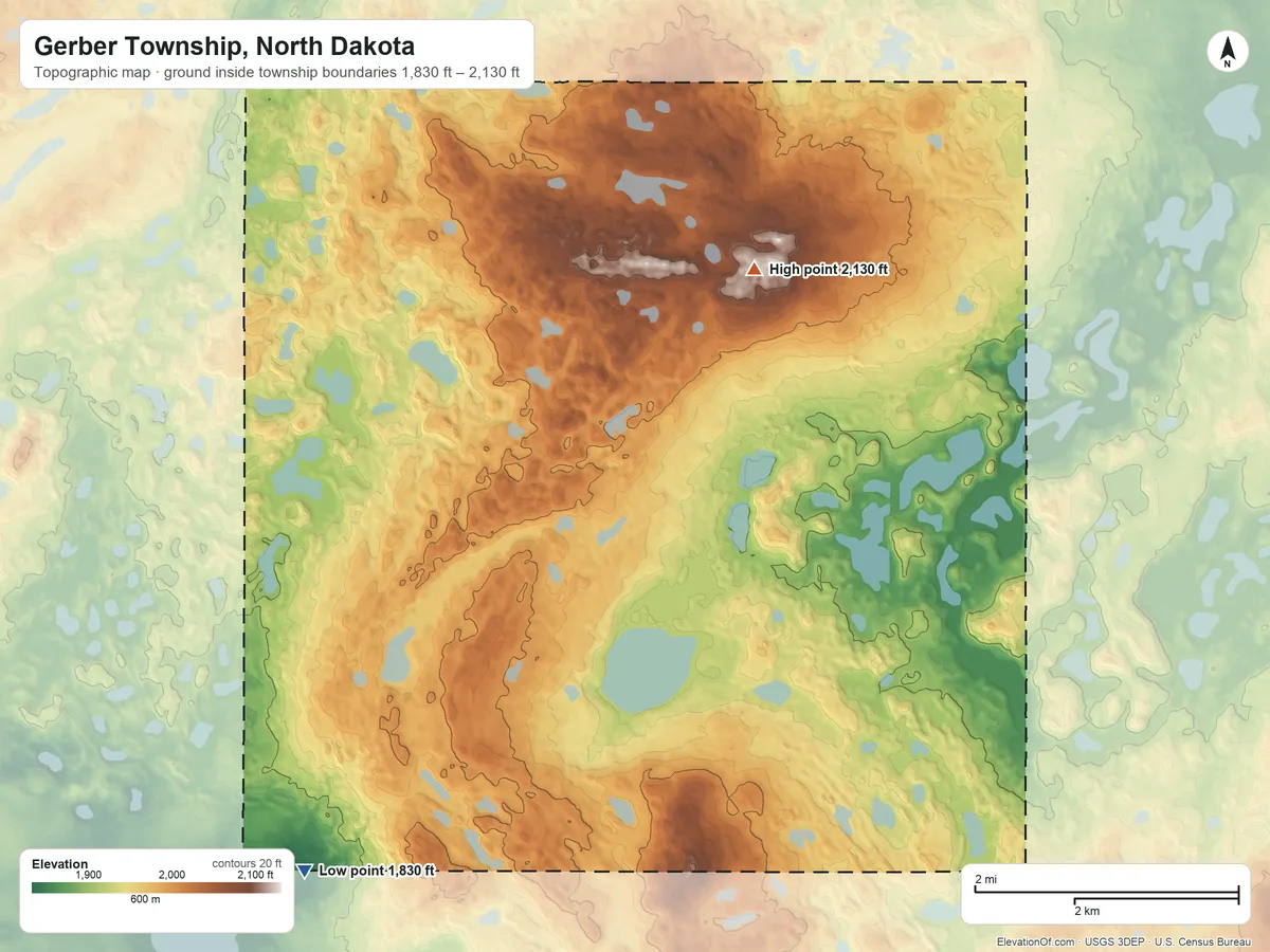 Topographic elevation map of Gerber Township, North Dakota, shaded from 1,830 ft on the south side to 2,130 ft on the southeast side