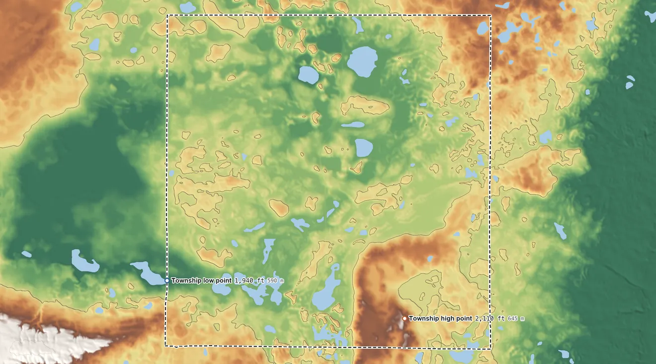 Topographic elevation map of German Township, North Dakota, shaded from 1,940 ft on the west side to 2,110 ft on the east side