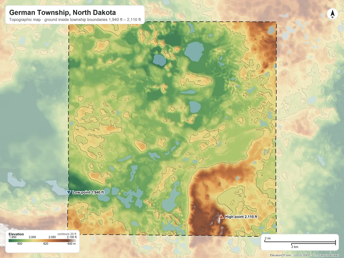 Topographic elevation map of German Township, North Dakota, shaded from 1,940 ft on the west side to 2,110 ft on the east side