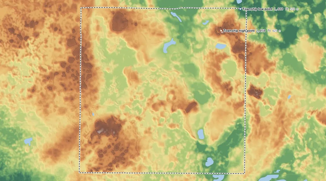 Topographic elevation map of Germania Township, North Dakota, shaded from 1,880 ft on the northeast side to 2,050 ft on the northeast side