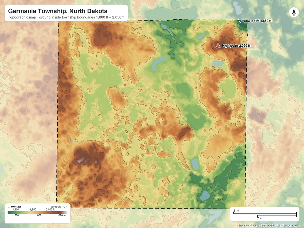 Topographic elevation map of Germania Township, North Dakota, shaded from 1,880 ft on the northeast side to 2,050 ft on the northeast side