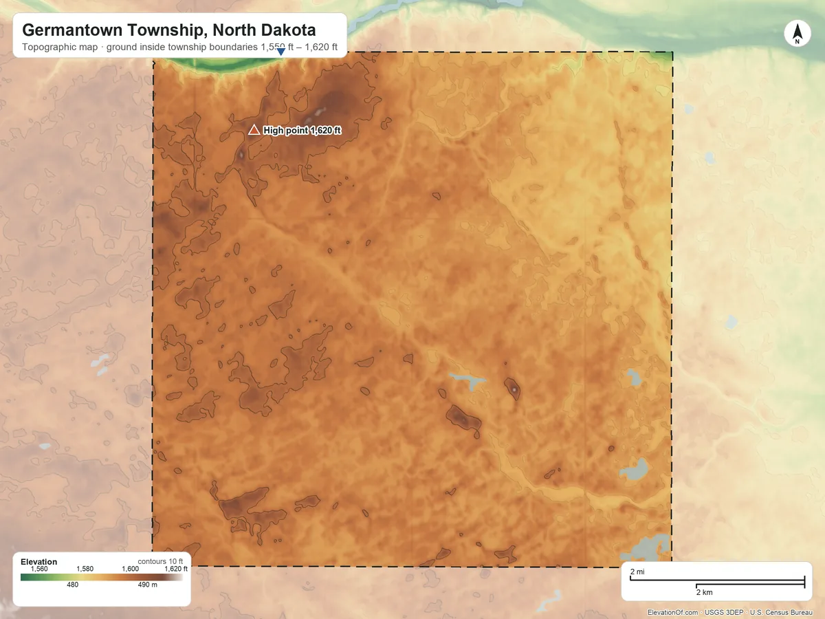 Topographic elevation map of Germantown Township, North Dakota, shaded from 1,550 ft on the northwest side to 1,620 ft on the northwest side