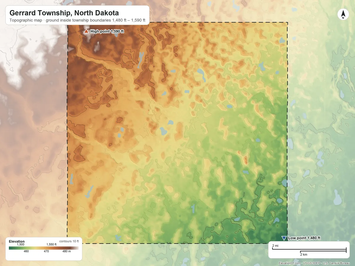 Topographic elevation map of Gerrard Township, North Dakota, shaded from 1,480 ft on the south side to 1,590 ft on the west side