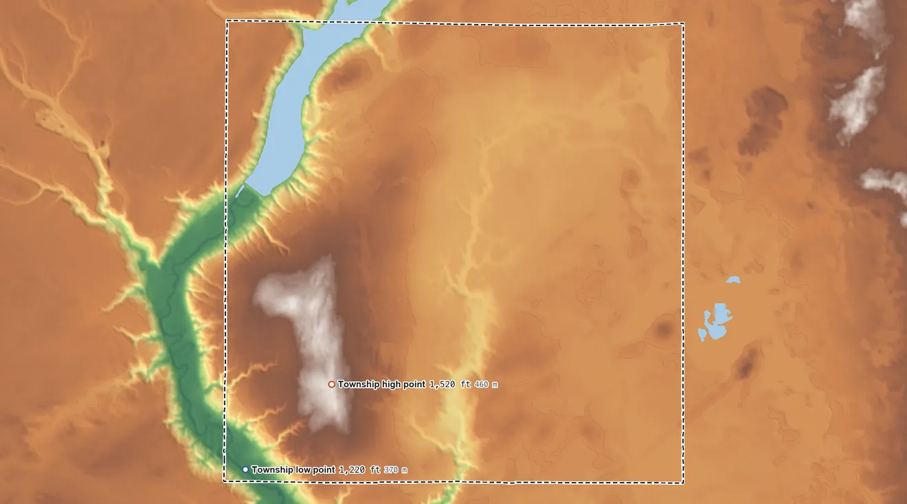 Topographic elevation map of Getchell Township, North Dakota, shaded from 1,220 ft on the southwest side to 1,520 ft on the southwest side