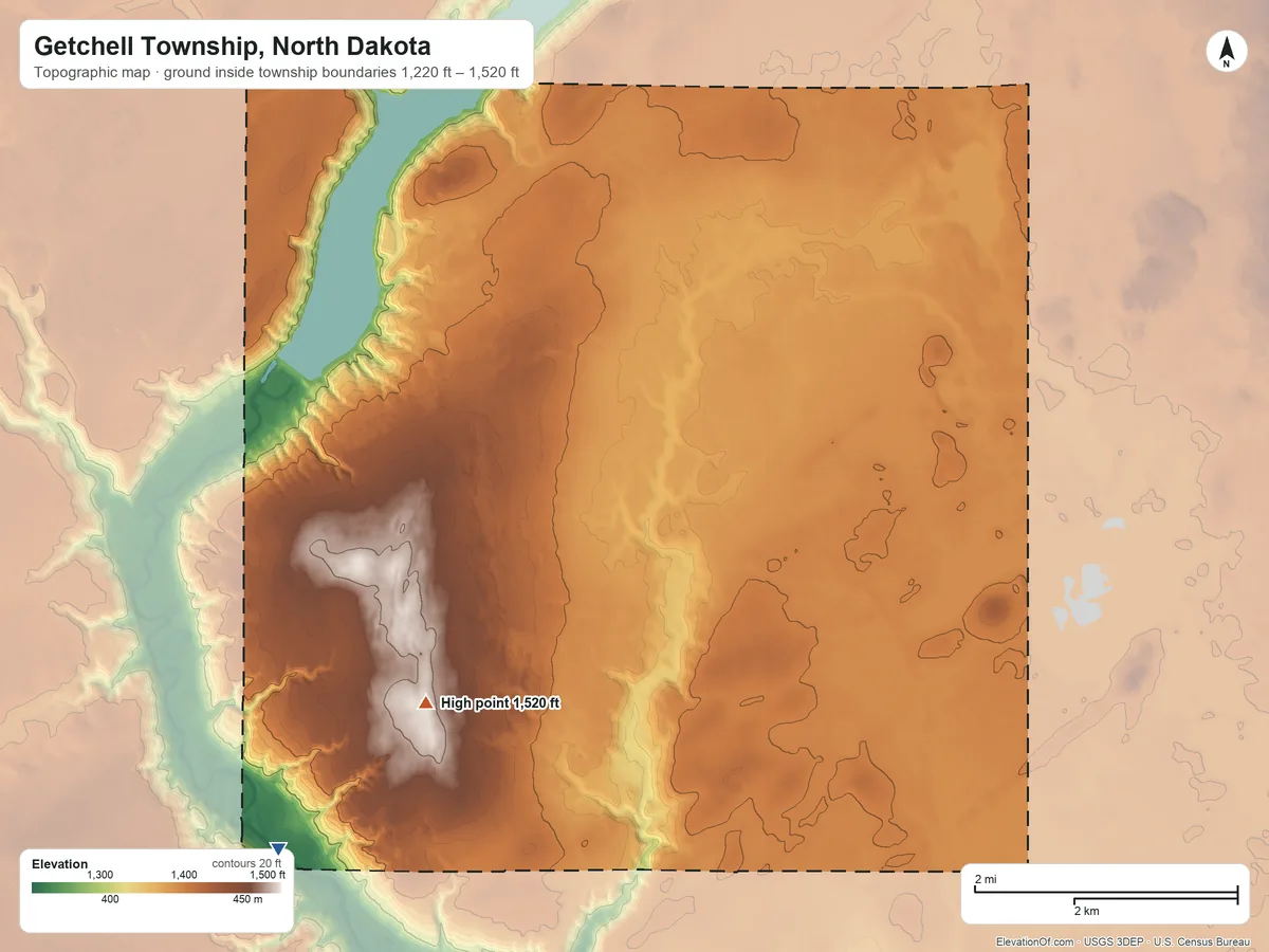 Topographic elevation map of Getchell Township, North Dakota, shaded from 1,220 ft on the southwest side to 1,520 ft on the southwest side