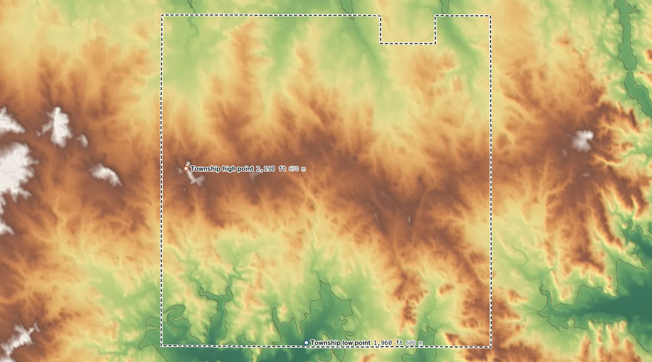 Topographic elevation map of Ghylin Township, North Dakota, shaded from 1,960 ft on the south side to 2,190 ft on the west side