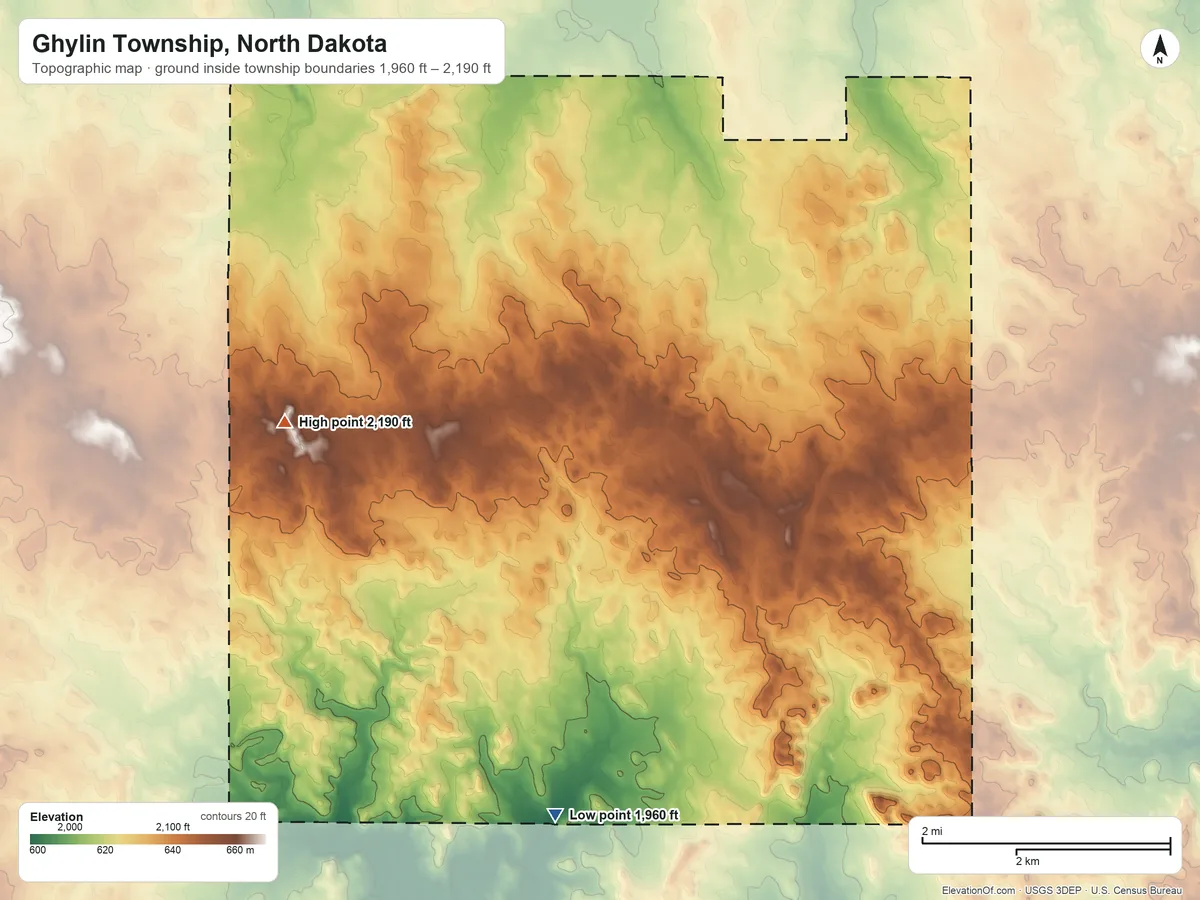 Topographic elevation map of Ghylin Township, North Dakota, shaded from 1,960 ft on the south side to 2,190 ft on the west side