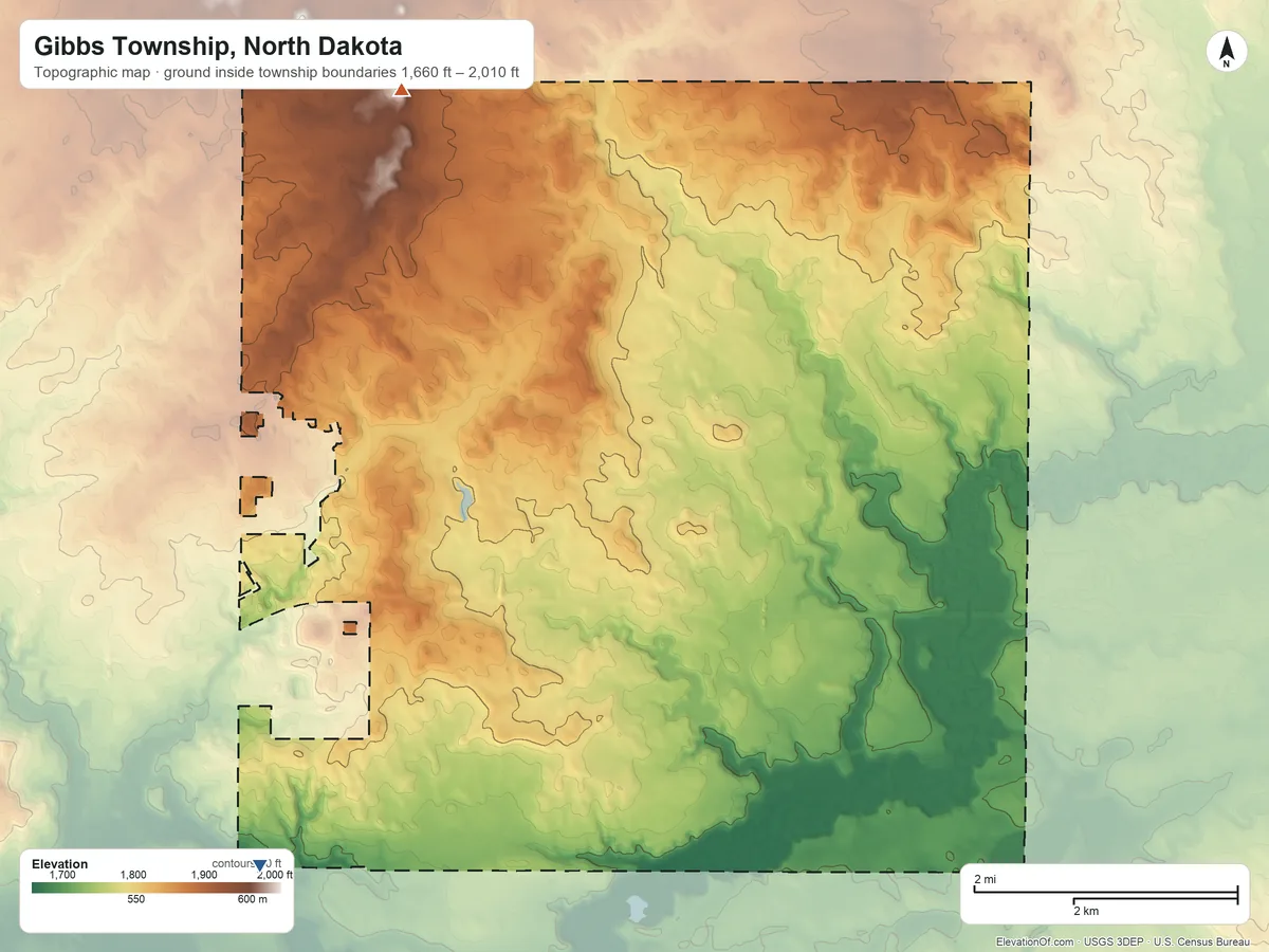 Topographic elevation map of Gibbs Township, North Dakota, shaded from 1,660 ft on the south side to 2,010 ft on the north side