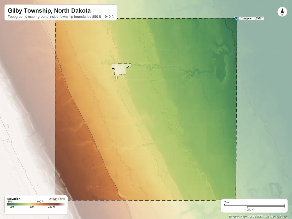 Topographic elevation map of Gilby Township, North Dakota, shaded from 850 ft on the northeast side to 940 ft on the southwest side