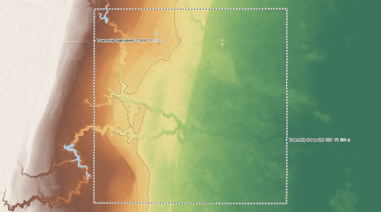 Topographic elevation map of Gill Township, North Dakota, shaded from 950 ft on the southeast side to 1,080 ft on the northwest side