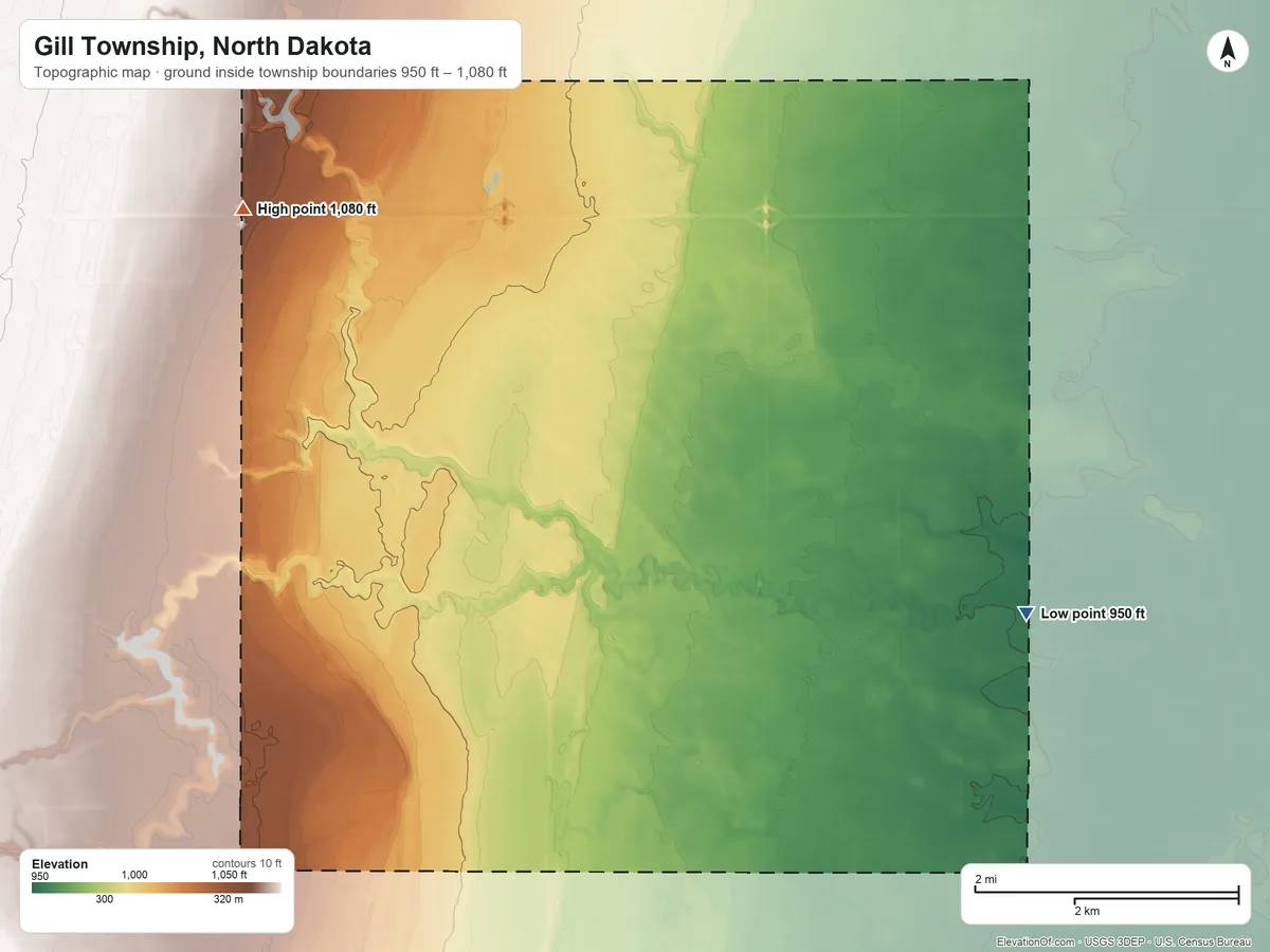 Topographic elevation map of Gill Township, North Dakota, shaded from 950 ft on the southeast side to 1,080 ft on the northwest side