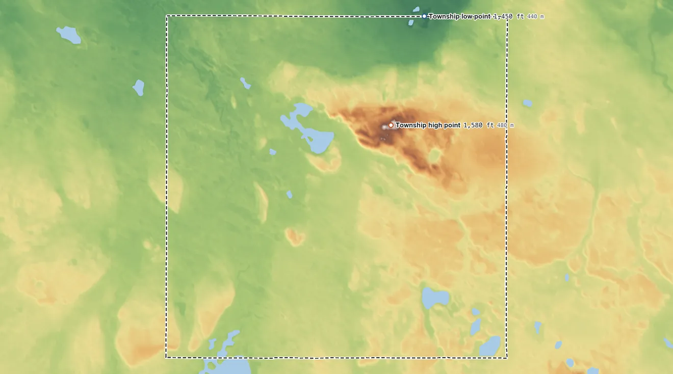 Topographic elevation map of Gilmore Township, North Dakota, shaded from 1,450 ft on the north side to 1,580 ft on the north side