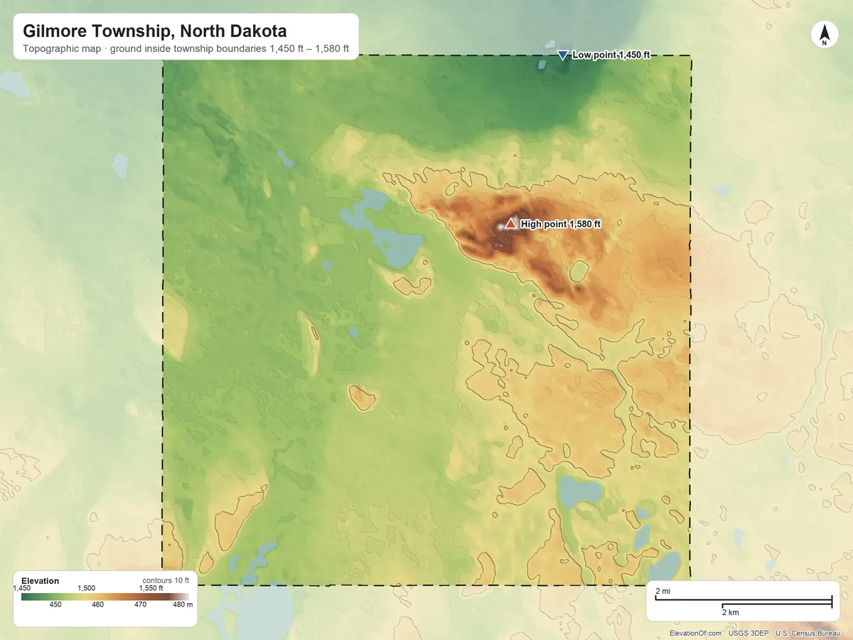 Topographic elevation map of Gilmore Township, North Dakota, shaded from 1,450 ft on the north side to 1,580 ft on the north side