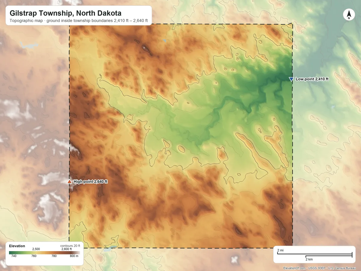 Topographic elevation map of Gilstrap Township, North Dakota, shaded from 2,410 ft on the east side to 2,640 ft on the southwest side
