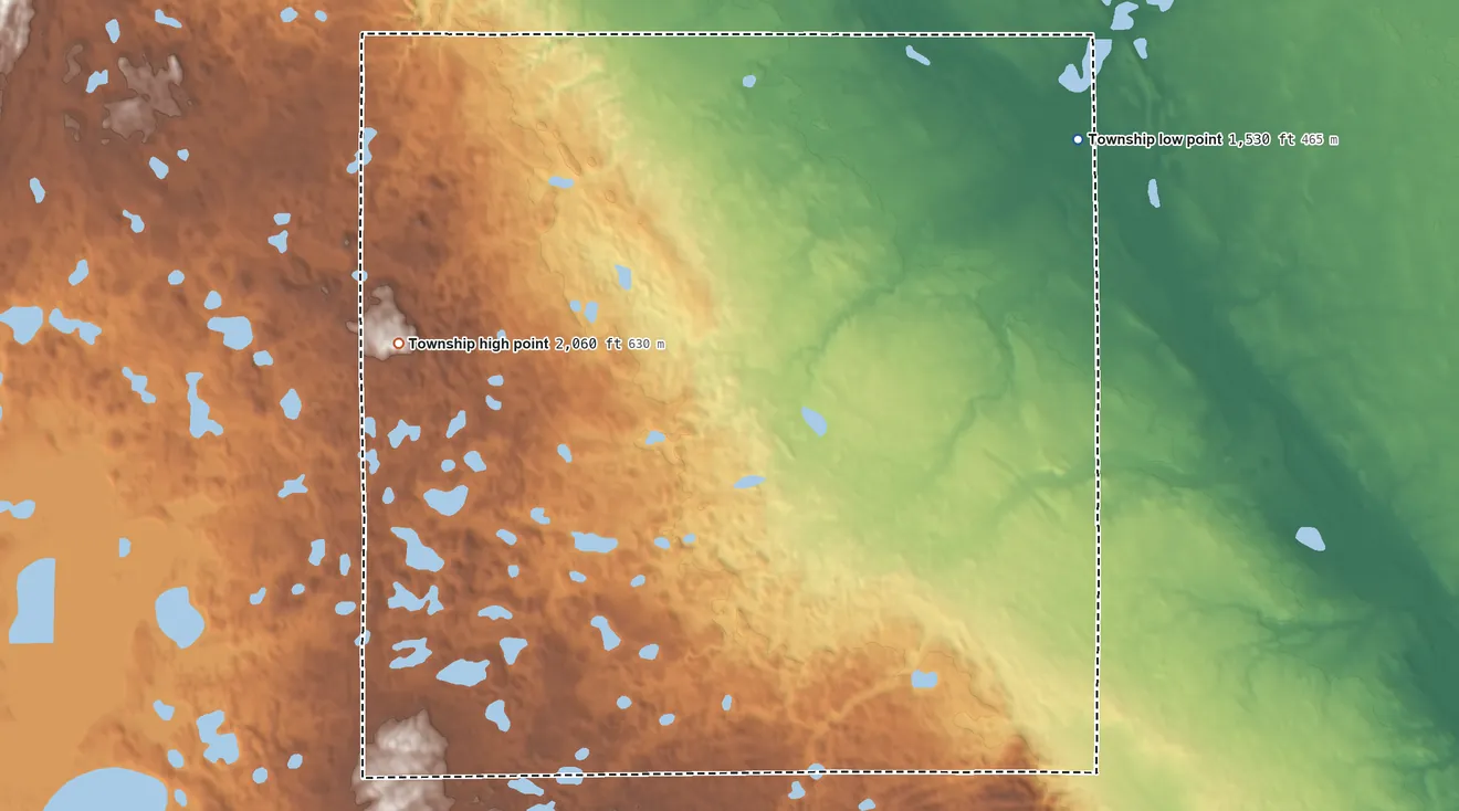 Topographic elevation map of Glacier Township, North Dakota, shaded from 1,530 ft on the northeast side to 2,060 ft on the west side