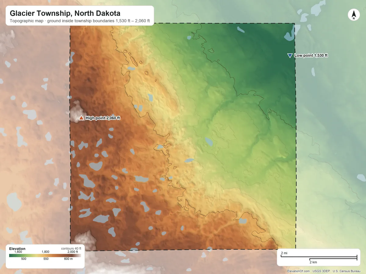 Topographic elevation map of Glacier Township, North Dakota, shaded from 1,530 ft on the northeast side to 2,060 ft on the west side