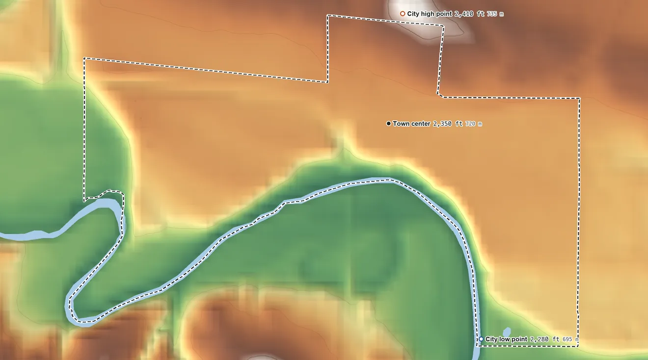 Topographic elevation map of Gladstone, North Dakota, shaded from 2,280 ft on the southeast side to 2,410 ft on the north side
