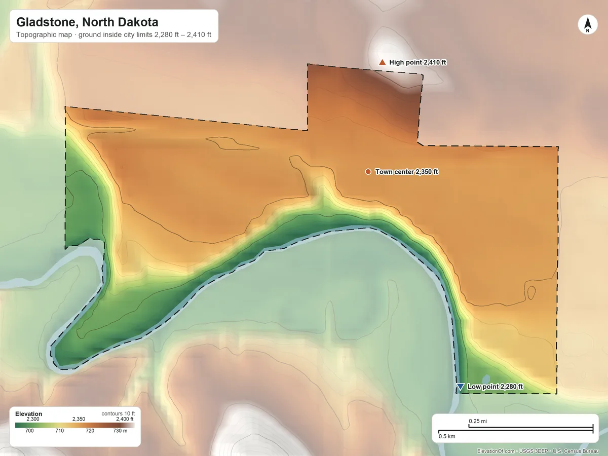 Topographic elevation map of Gladstone, North Dakota, shaded from 2,280 ft on the southeast side to 2,410 ft on the north side