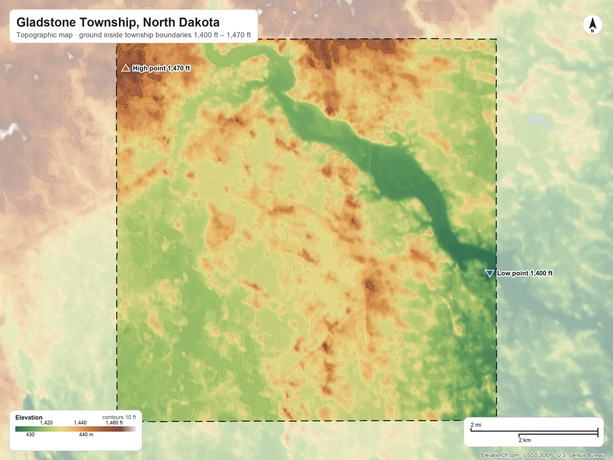 Topographic elevation map of Gladstone Township, North Dakota, shaded from 1,400 ft on the east side to 1,470 ft on the northwest side